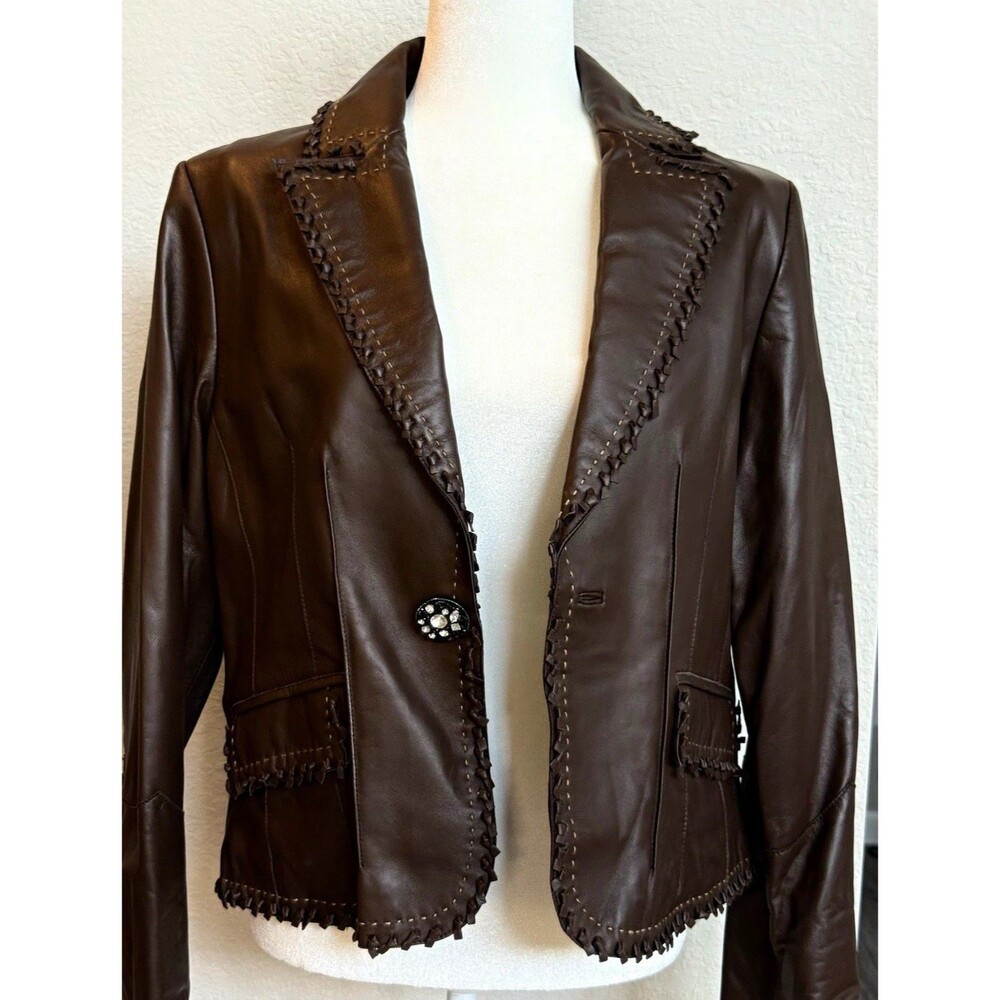 VTG NWT Pamela McCoy Genuine Leather Lined Jacket Collared Pockets 1-Button M